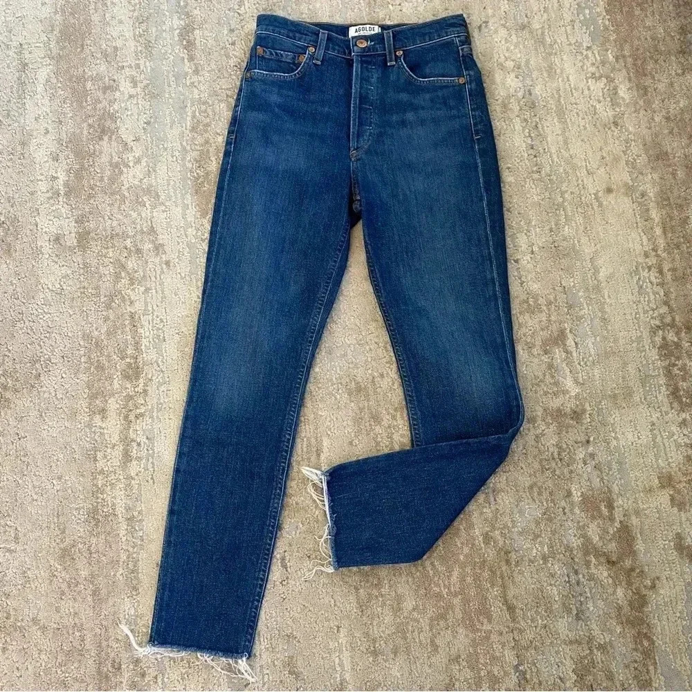 Agolde High Rise Button Fly Raw Hem Dark Wash Slim Jeans Cut 46181: 25
